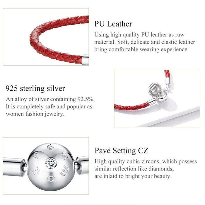 925 Sterling Silver Red Pu Leather Rope Hole Charm Bead