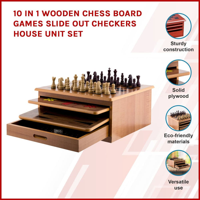 10 In 1 Wooden Chess Board Games Slide Out Checkers House