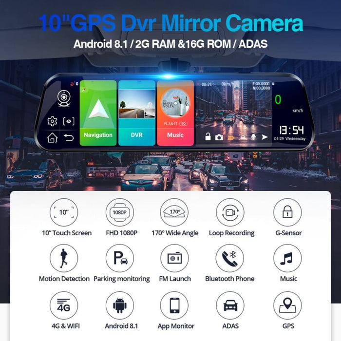 10 Inch Mirror Car Auto Recorder Camera With 8.1 Gps