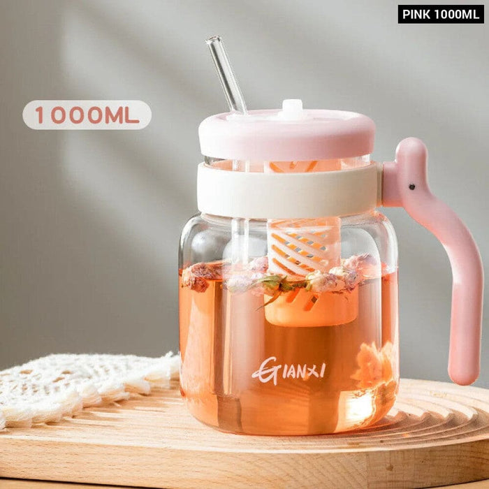 1000ml Glass Tumbler with Lid Straw and Handle
