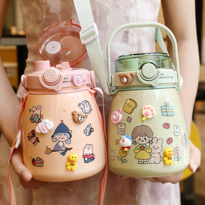 1000ml Large Water Bottle Stainless Steel Straw Jug