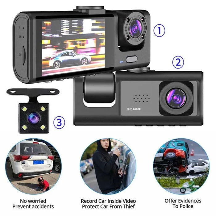 1080p 3 Camera Dash Cam with Ir Night Vision and Loop