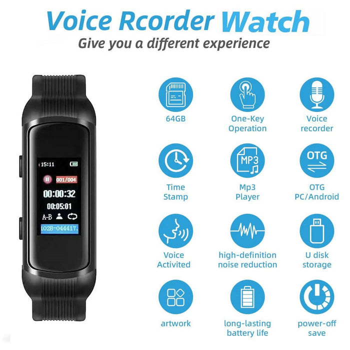 32g 64g 128gb Digital Mp3 Voice Recorder Wrist Watch