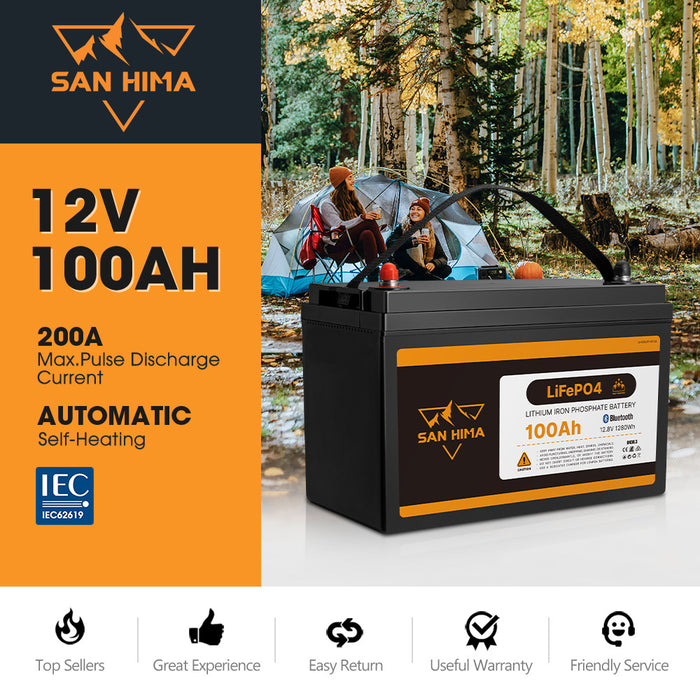 12V 100Ah Lithium Iron Phosphate Battery W / Bluetooth & Self-Heating