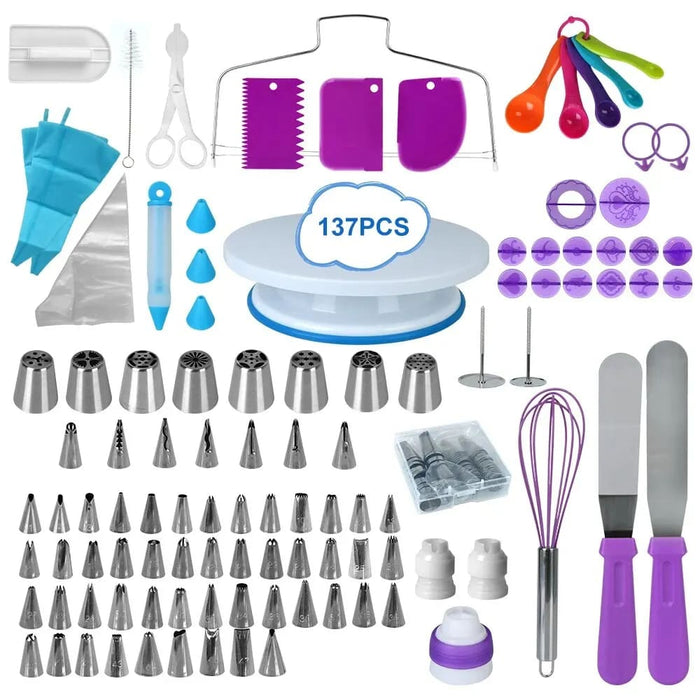 137 Pc Cake Decorating Kit Turntable Nozzles Bags Stand