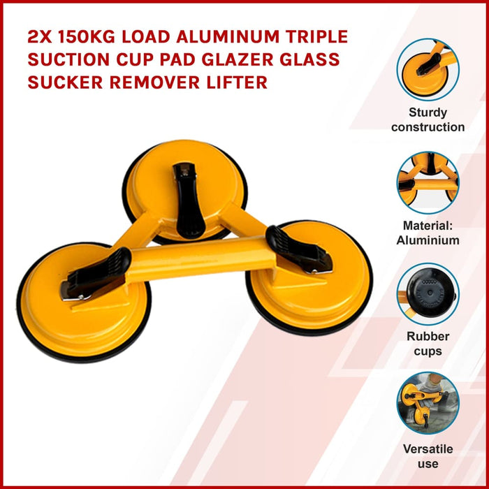 2x 150kg Load Aluminum Triple Suction Cup Pad Glazer Glass