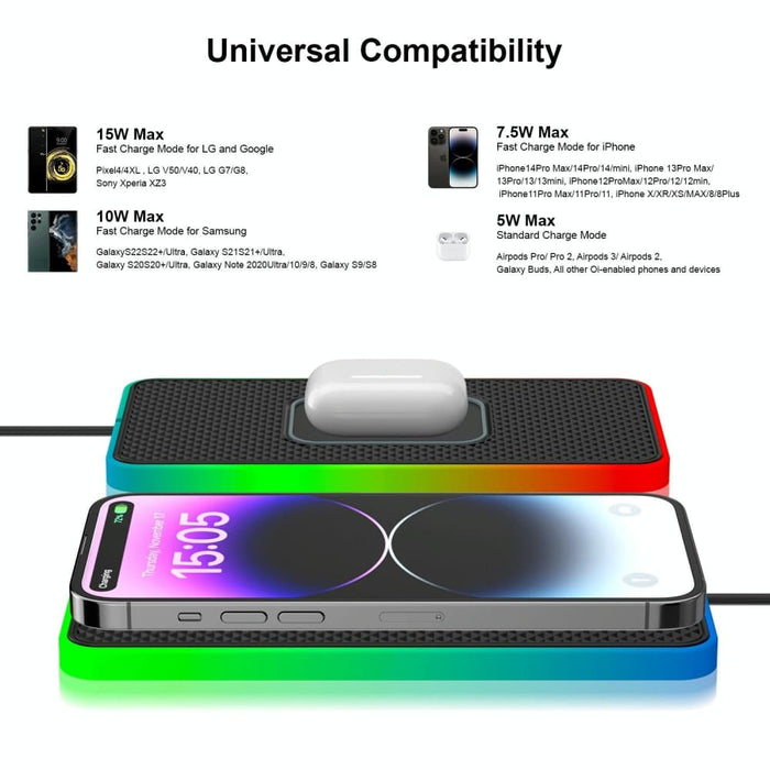 15w 2 In 1 Car Wireless Charger Colourful Light Non Slip Mat
