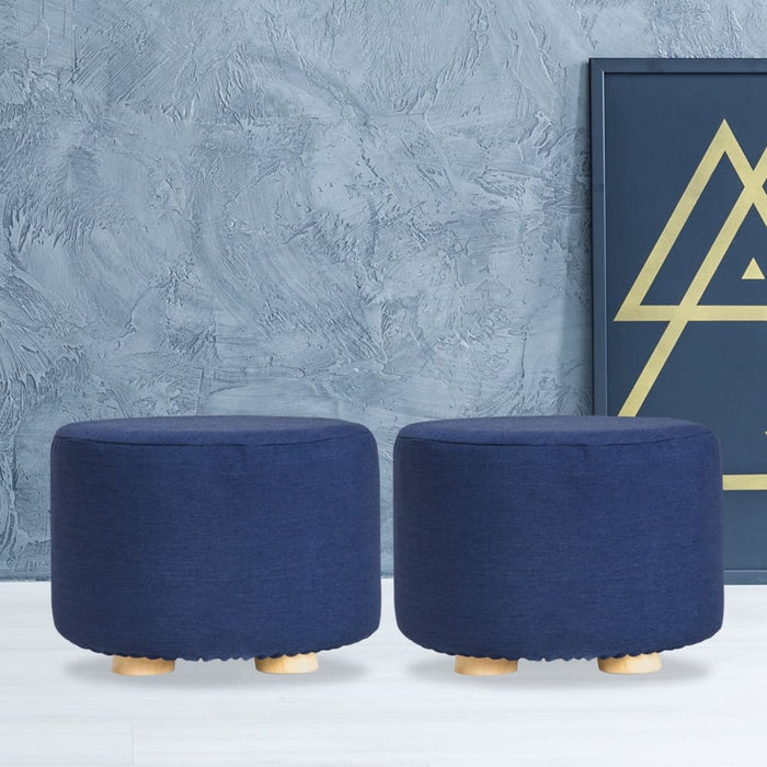 2 Set Dark Blue Fabric Ottoman Round Wooden Leg Foot Stool
