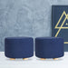 2 Set Dark Blue Fabric Ottoman Round Wooden Leg Foot Stool