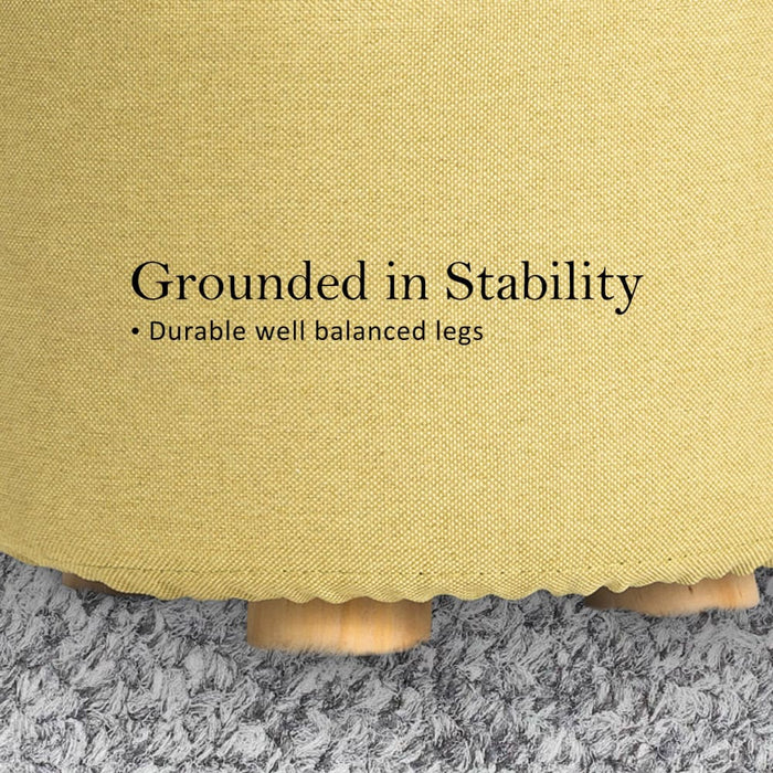 2 Set Mustard Yellow Fabric Ottoman Round Wooden Leg Foot