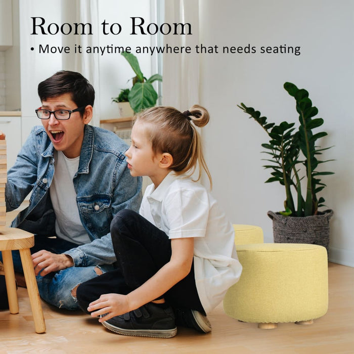 2 Set Mustard Yellow Fabric Ottoman Round Wooden Leg Foot