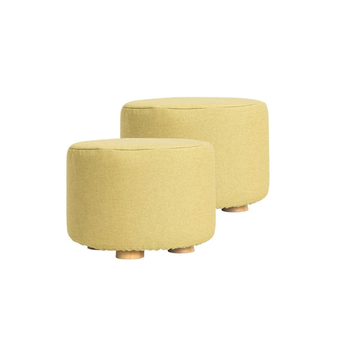 2 Set Mustard Yellow Fabric Ottoman Round Wooden Leg Foot