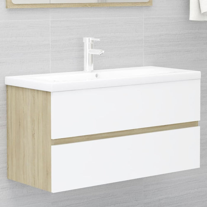 2 Piece Bathroom Furniture Set White and Sonoma Oak