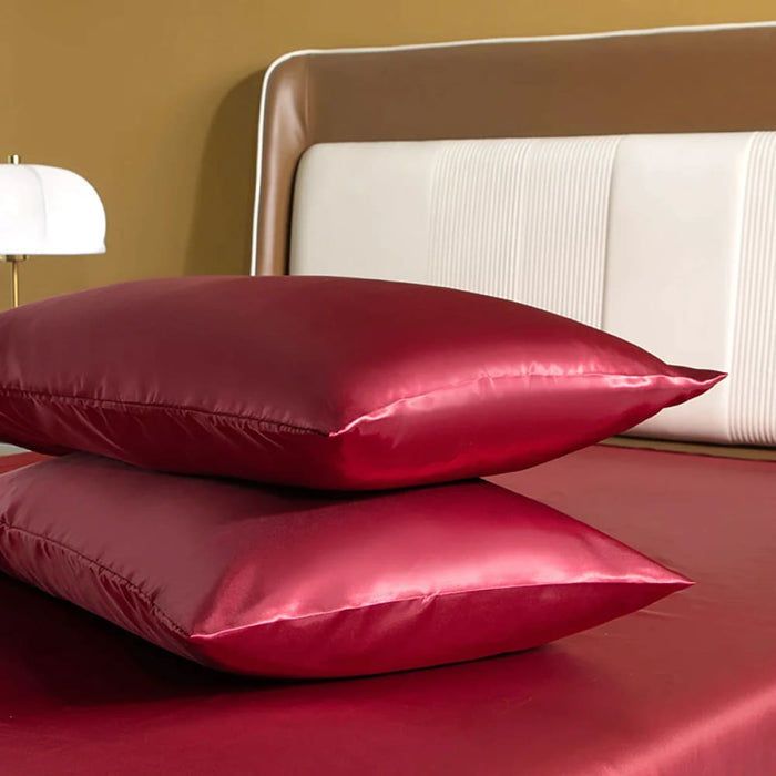 2 Piece Silky Wine Red Rayon Satin Pillow Cases Set