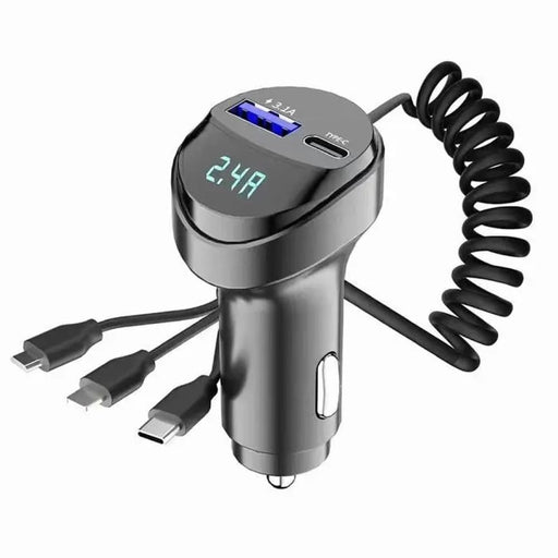 2 Port Usb Car Charger With Voltage Display And Retractable