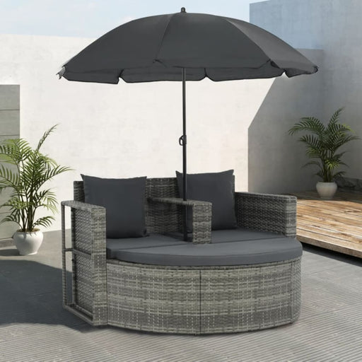 2 Seater Garden Sofa with Cushions and Parasol Grey Poly
