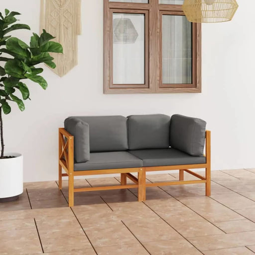 2-seater Garden Sofa with Grey Cushions Solid Wood Teak