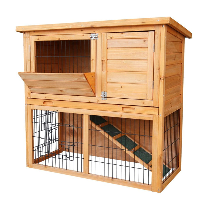 2-storey Wooden Chicken Coop & Rabbit Hutch with Trough