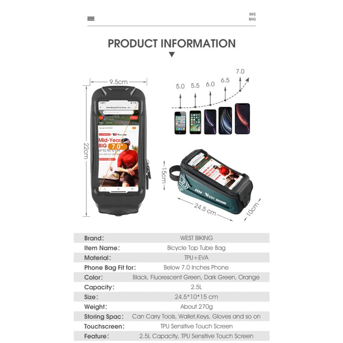 2.5l Waterproof Touchscreen 7.0 Inch Phone Case Bicycle Bag