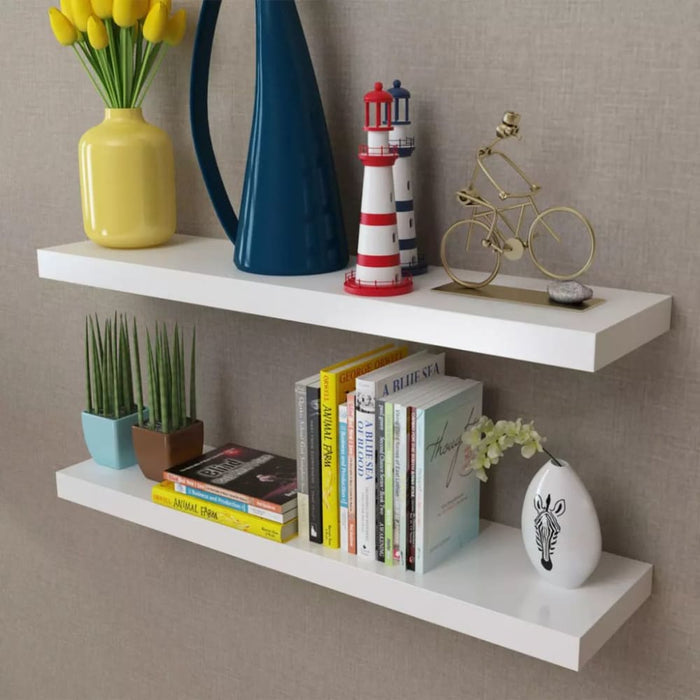 2 White Mdf Floating Wall Display Shelves Book Dvd Storage