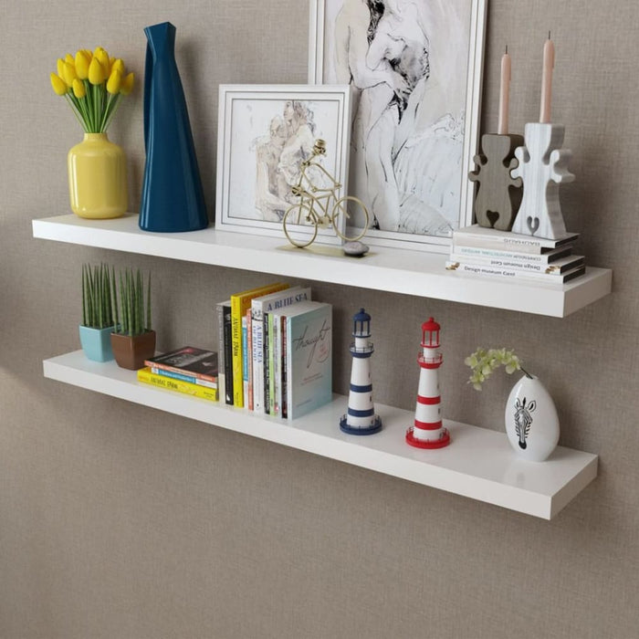 2 White Mdf Floating Wall Display Shelves Book Dvd Storage