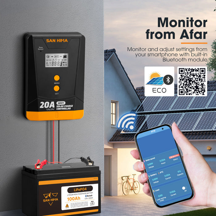 20A Mppt Solar Charge Controller 12V 24V Inbulit Bluetooth Lcd Display