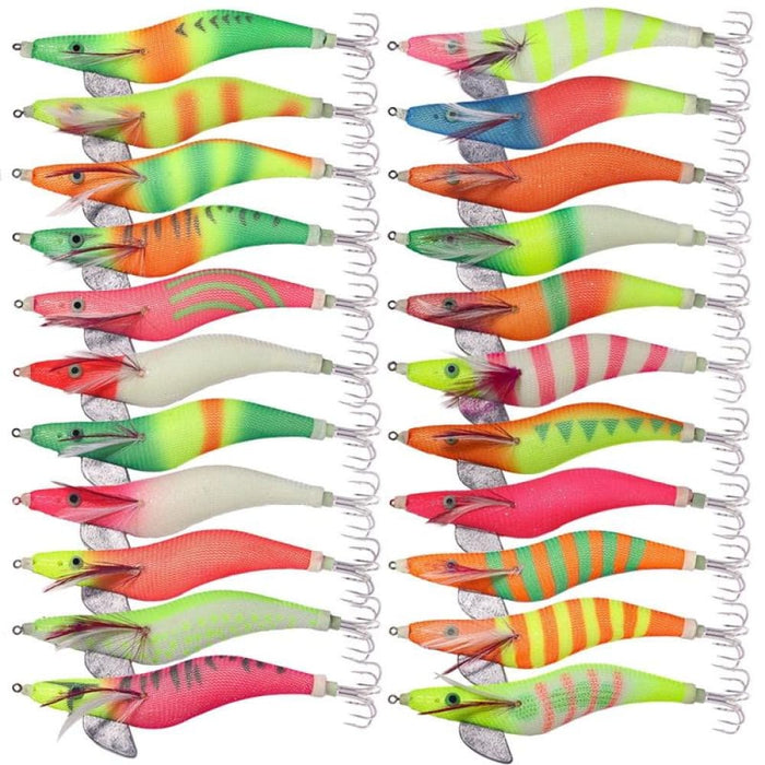 22 Colour Luminous Wooden Shrimp Squid Hook Bait Set 15cm