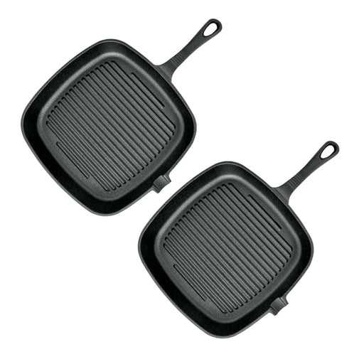 2x 23.5cm Square Ribbed Cast Iron Frying Pan Skillet Steak