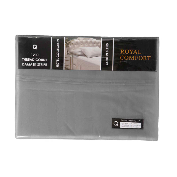 Queen Size 1200 Thread Count Damask Stripe Cotton Blend Sheet Sets Charcoal Grey