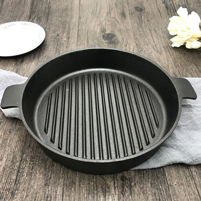 2x 25cm Round Ribbed Cast Iron Frying Pan Skillet Steak