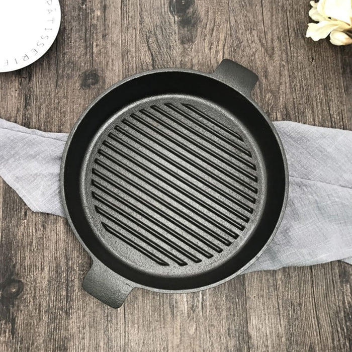 2x 25cm Round Ribbed Cast Iron Frying Pan Skillet Steak