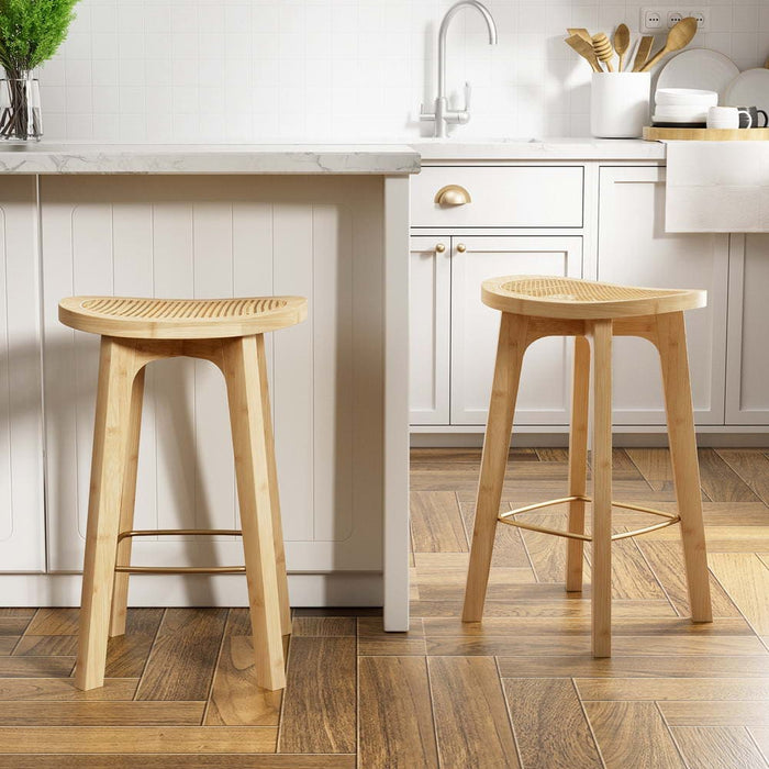 2x Bar Stools Bamboo Rattan Stool Counter Chair Kitchen