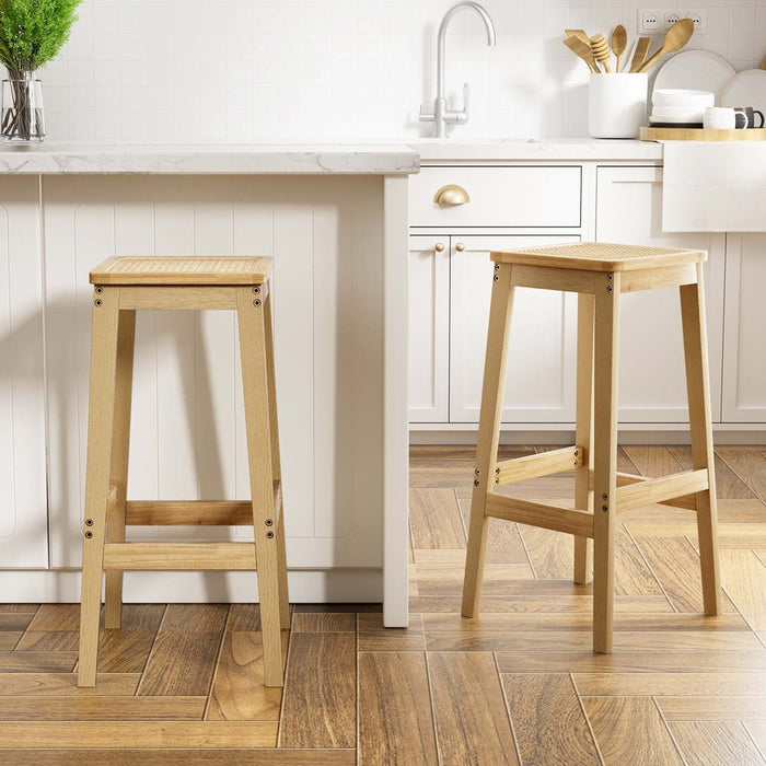 2x Bar Stools Rubber Wood Stool Counter Chair Rattan