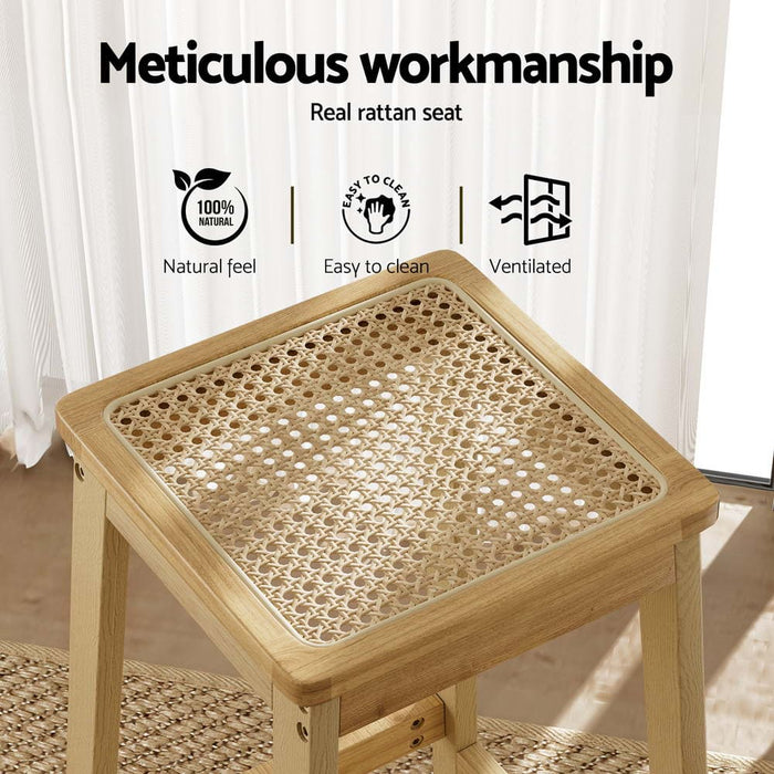 2x Bar Stools Rubber Wood Stool Counter Chair Rattan