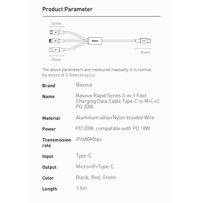 3 In-1 20w Pd Usb Type c Cable for Iphone 14 12 Xs Max