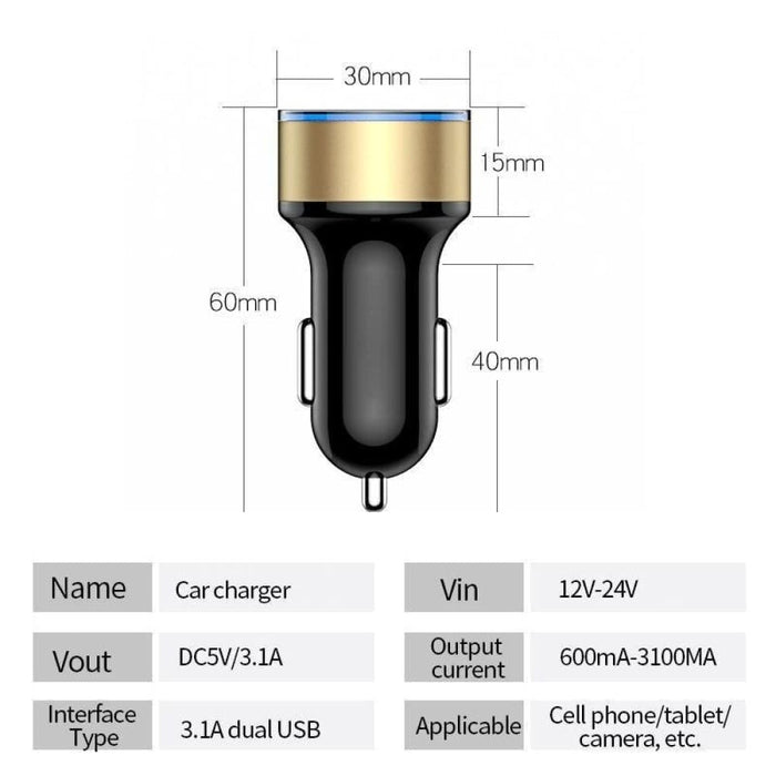 3.1a Dual Usb Car Charger 2 Ports Lcd Display 12-24v