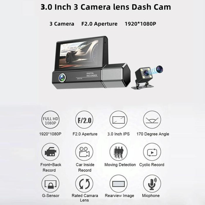 3 Lens Video Hd 1080p Multi Language Driving Recorder