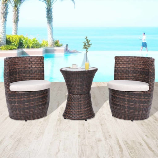 3 Piece Bistro Set with Cushions Poly Rattan Brown Atooo