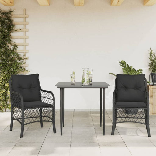 3 Piece Bistro Set with Cushions Black Poly Rattan Txoxbkl
