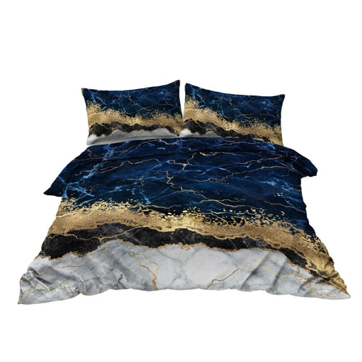 3 Piece Blue Gold Marble Duvet Set With 2 Pillow Shams