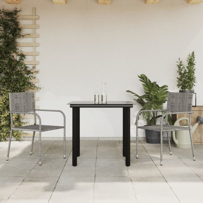 3 Piece Garden Dining Set Grey And Black Poly Rattan Steel