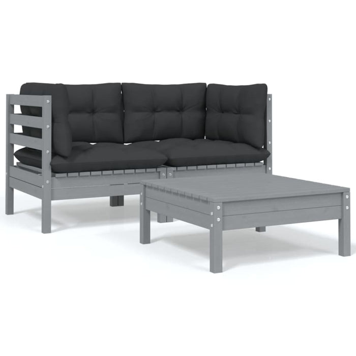 3 Piece Garden Lounge Set with Cushions Grey Solid Pinewood