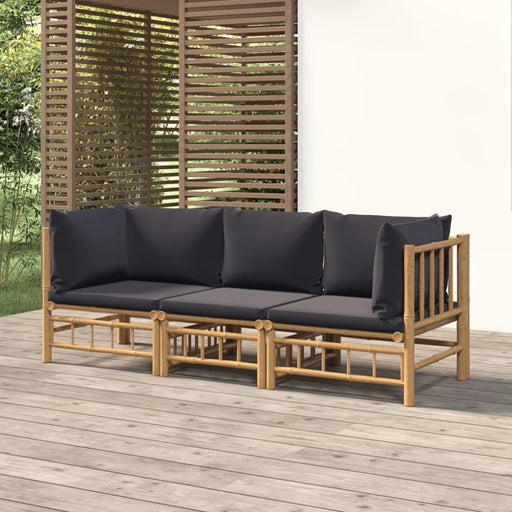3 Piece Garden Lounge Set with Dark Grey Cushions Bamboo