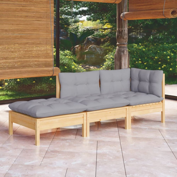 3 Piece Garden Lounge Set with Grey Cushions Solid Wood