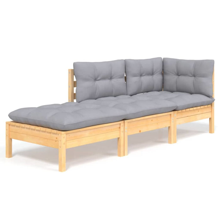 3 Piece Garden Lounge Set with Grey Cushions Solid Wood