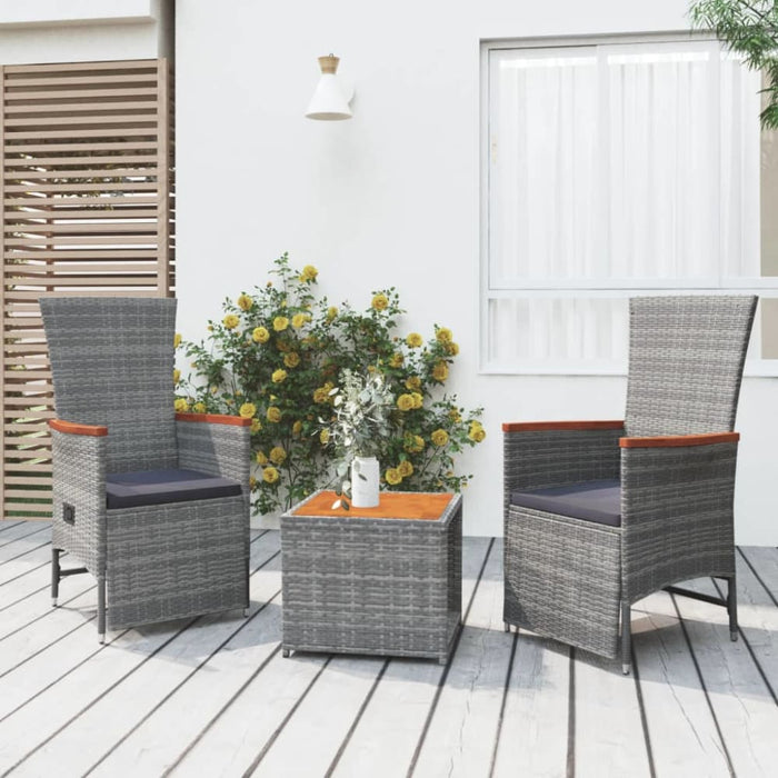 3 Piece Garden Lounge Set Grey Poly Rattan&solid Wood