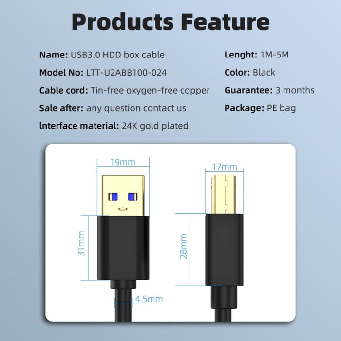 Usb 3.0 am to Bm Super Speed Printer Cable for Hp