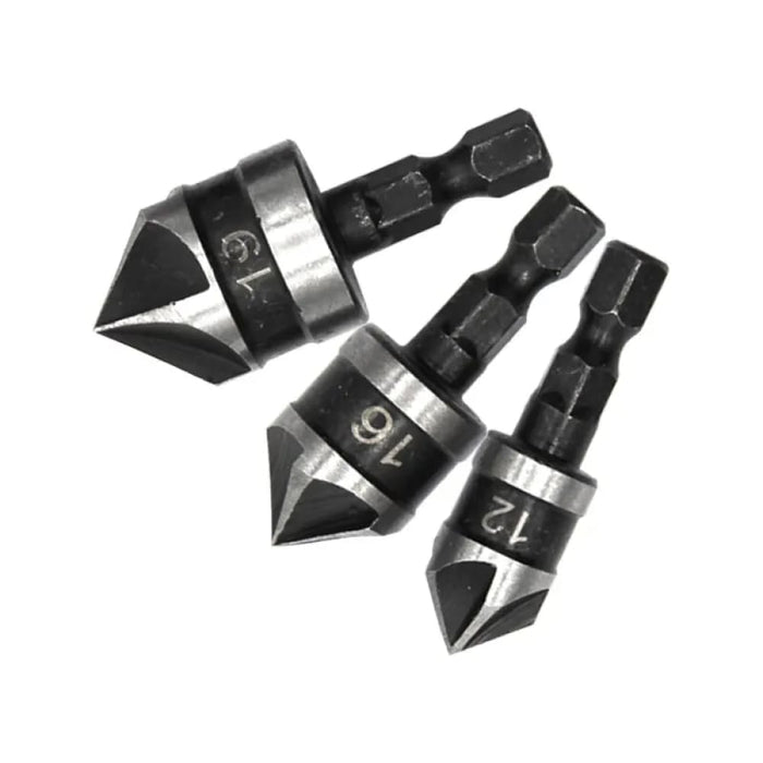 3pc 90 Hex Shank 5 Blade Countersink Set 12/16/19mm