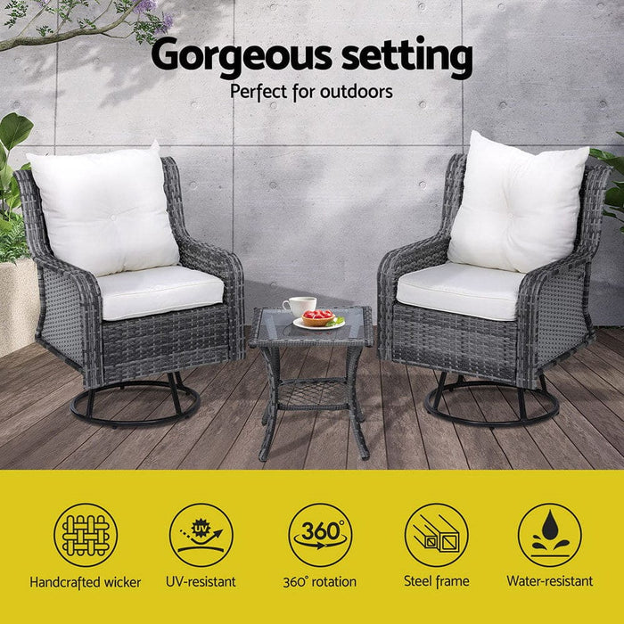 3pc Outdoor Furniture Bistro Set Lounge Wicker Swivel
