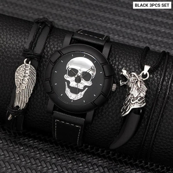 3pcs Set Fashion Mens Skull Watches Classic Men Business